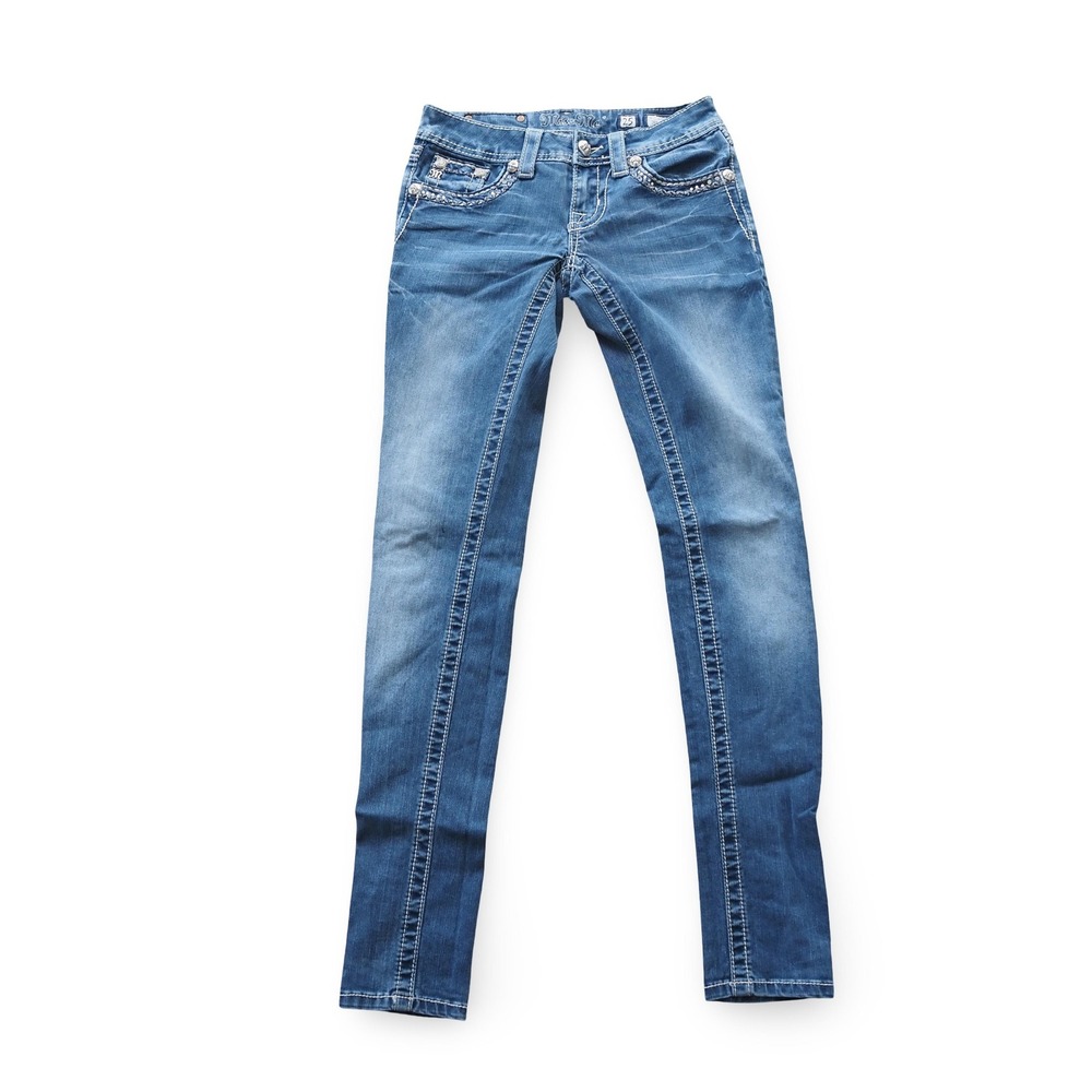 Miss Me Jeans Womens 25 Blue Rhinestone Studded Flap Pocket Straight JE5609G2L